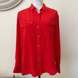 Tommy Bahama Womens Red Long Sleeves Button Up Silk Blouse Shirt Pockets. M